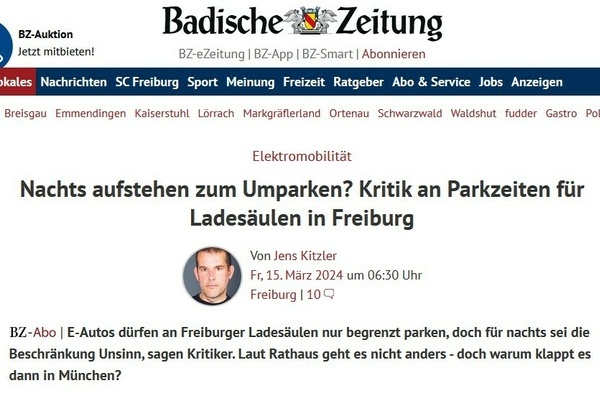 BZ-Artikel zum Thema "Parken an E-Ladestationen"